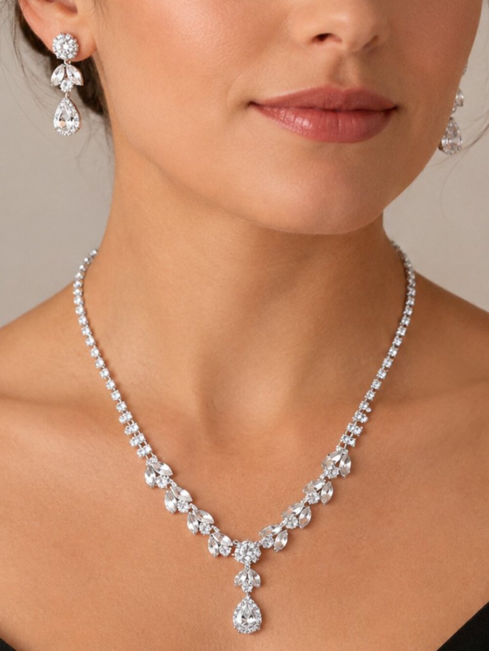 CZ Teardrop Necklace & Earring Set Bling Cubic Zirconia Bridal Floral Silver